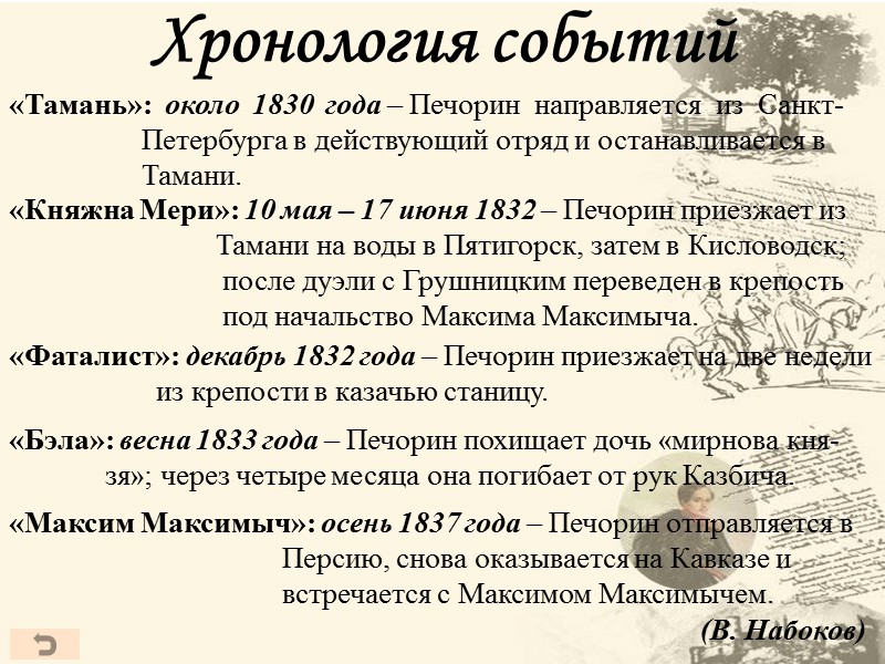 Хронология событий  «Тамань»:  около  1830  года – Печорин  направляется